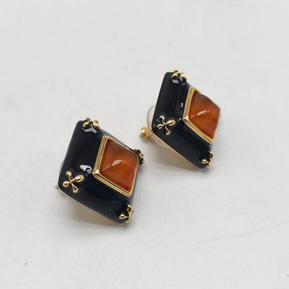 Joan Rivers Square Post Earrings With Black Enamel & Orange Stone - Picture 2 of 4